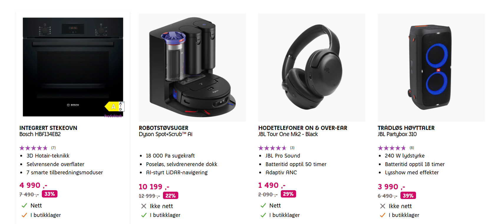 Bosch stekeovn, Dyson robotstøvsuger, JBL hodetelefoner og JBL Partybox-høyttaler med produktinformasjon og tilbudspriser