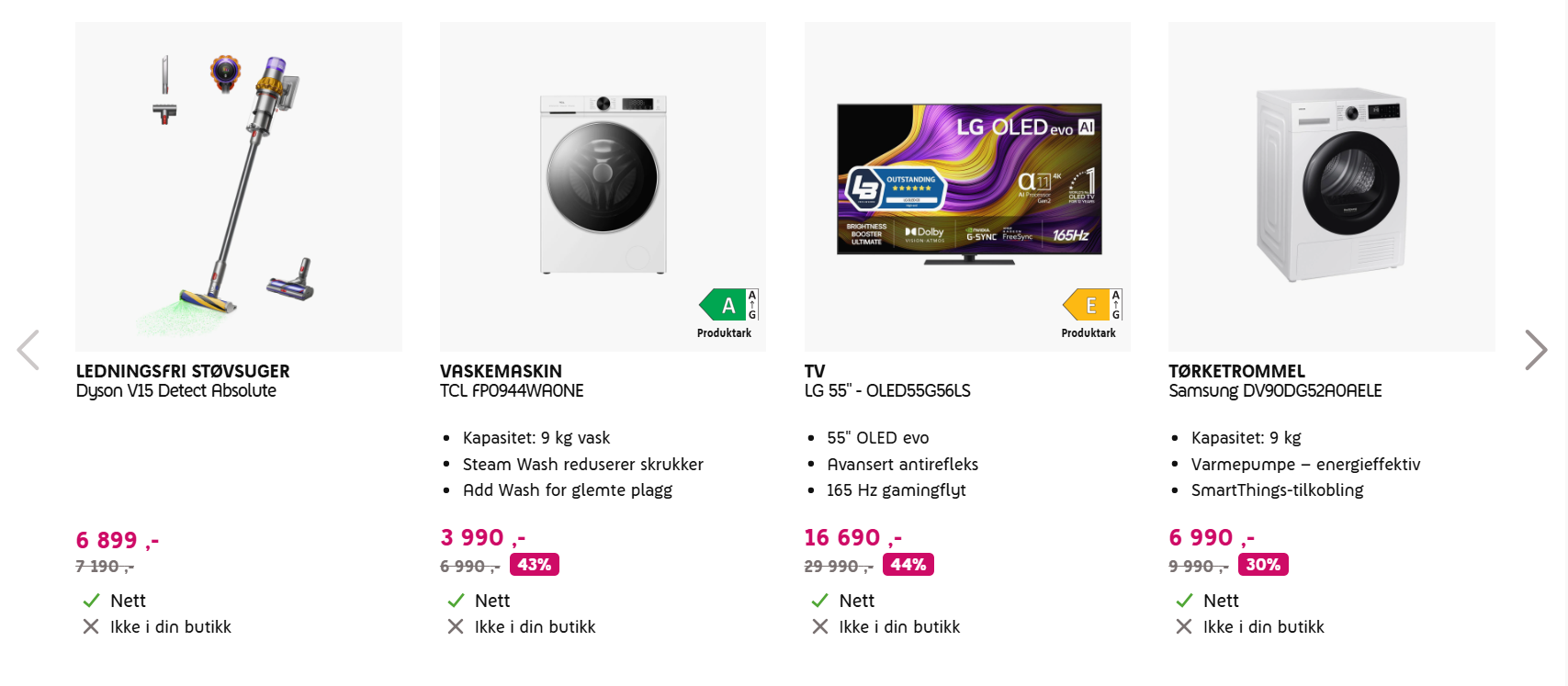 Bestselgere med støvsuger, vaskemaskin, TV og tørketrommel med produktinformasjon og priser